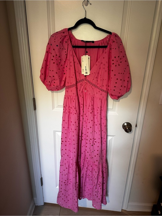 Zara Dresses & Skirts - Zara Pink Eyelet Tiered Maxi Dress with Puff Sleeves